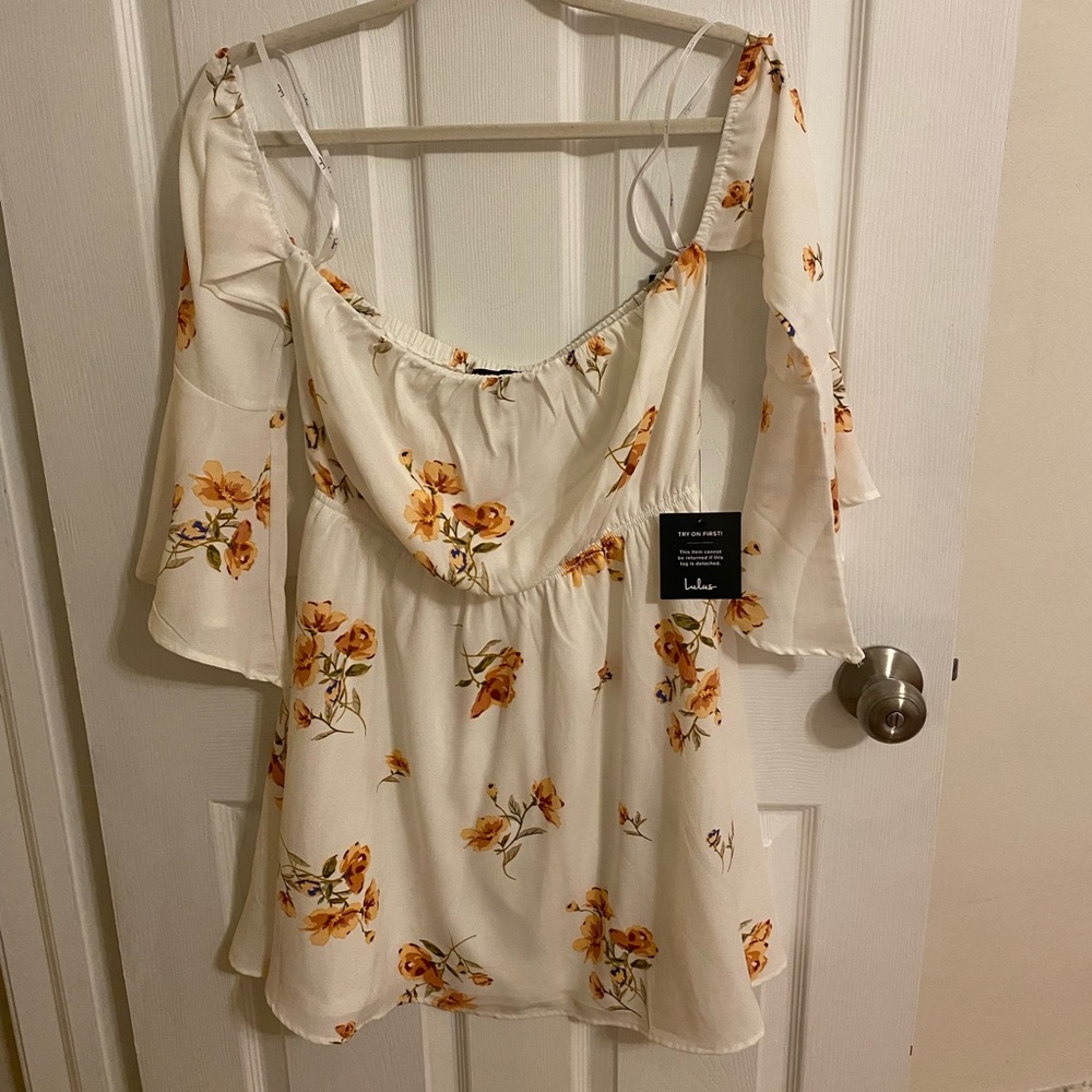 Lulus Flowy Floral Print Off the Shoulder Mini Dress